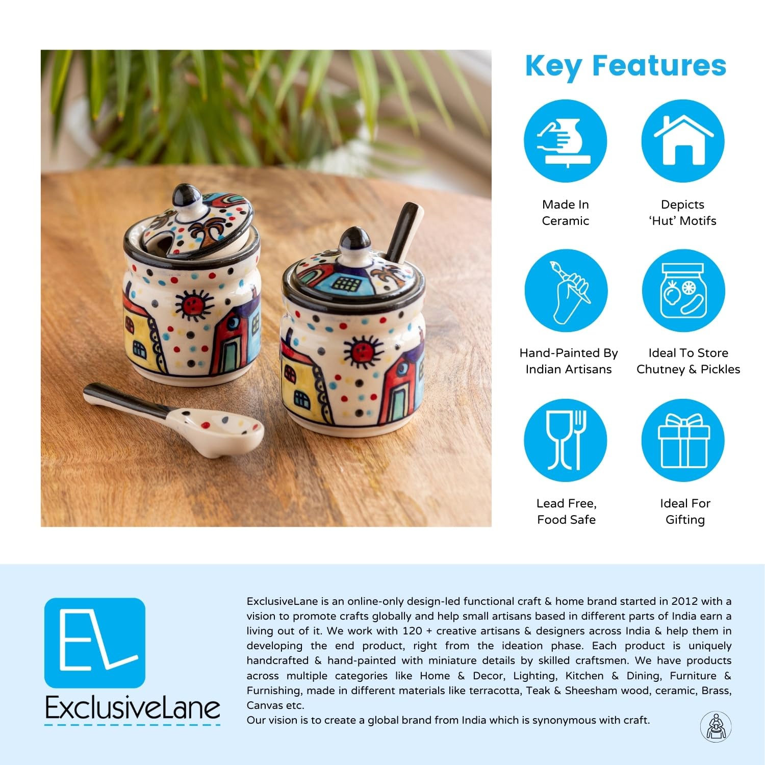 ExclusiveLane Hut Handpainted Ceramic Pickle Jars for Dining Table with Spoon & Lid |Pickle Jar for Storage Kitchen Containers S